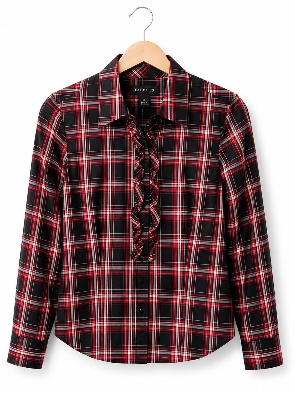 Talbots Red Black Plaid Ruffle Button Down Shirt Women’s Size 8 Holiday Preppy